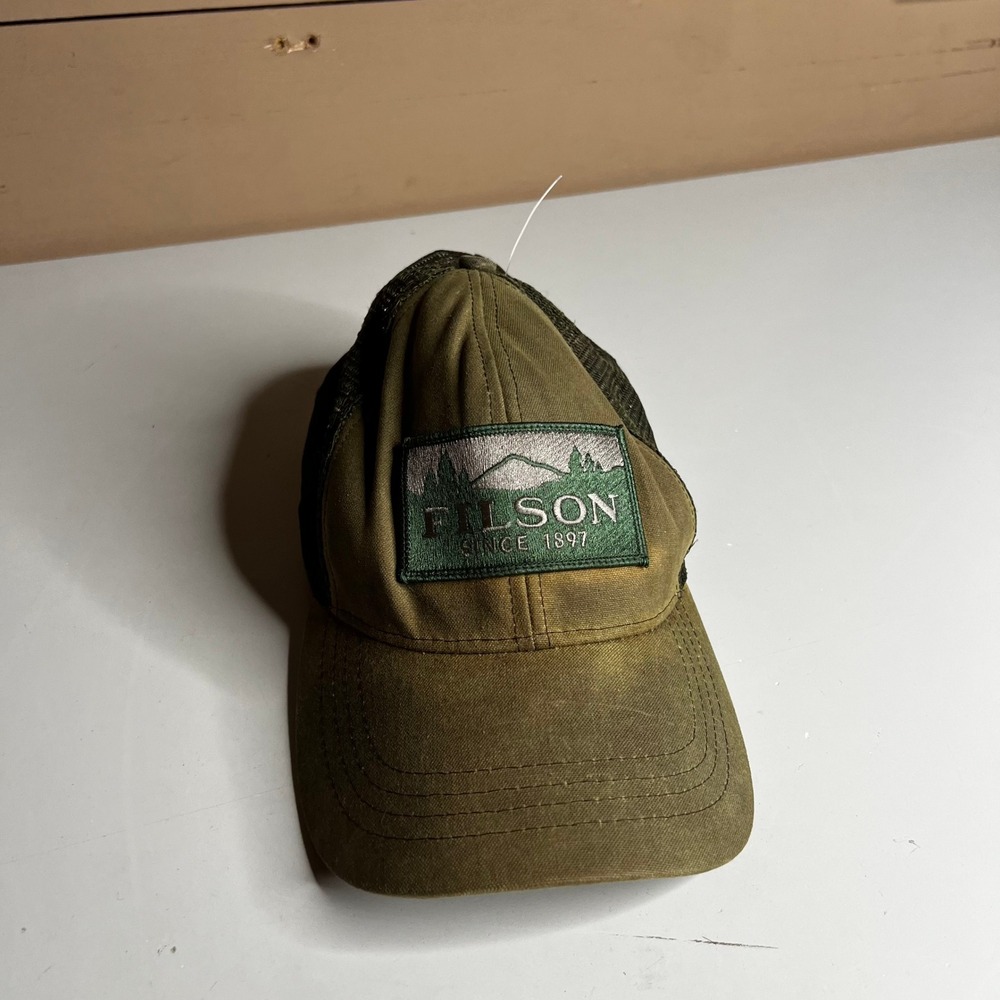 Filson Logger Mesh Cap Olive Green Waxed Cotton Trucker Hat Adjustable Strap